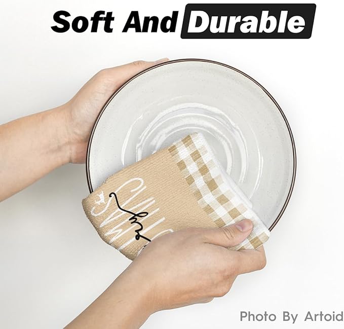 Artoid Mode Brown Buffalo Plaid Snowman Xmas Trees Christmas Kitchen Towels Dish Towels, 18x26 Inch Hello Winter Decoration Hand Towels Set of 4