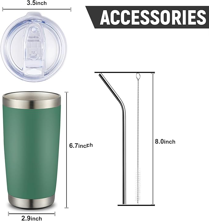 COMOOO 20oz Double Wall Vacuum Insulated Travel Mug, Stainless Steel Tumbler with Lid and Straw Durable Powder Coated Insulated Coffee Cup for Cold & Hot Drinks（Dark Green, 6 Pack