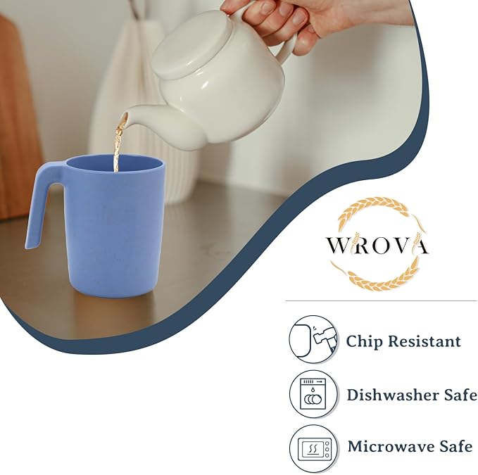 Wrova 16oz Wheat Straw Cups with handles set of 6-Plastic Cups Reusable-Unbreakable Kids Mugs-Dishwasher Safe & Microwave Safe-Ideal Plastic Mugs for Tea,Coffee,Camping,RV-Sky Blue