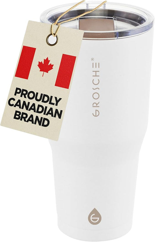 GROSCHE Yukon 30 oz Insulated Coffee Mug with Lid - Durable Travel Mug, Stainless Steel Tumblers, Vacuum Insulated Coffee Tumbler for Hot or Cold Beverages - CREAM WHITE