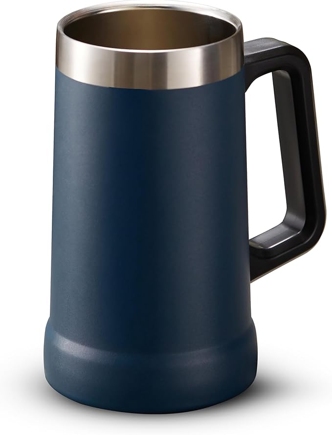 KooK Beer Stein, Stainless Steel Coffee Mug, Tumbler with Thermal Vacuum Insulation, Big Grip, Adventure, Double Walled Drinking Cup, Large Handle, Shatterproof, Navy Blue, 24 oz