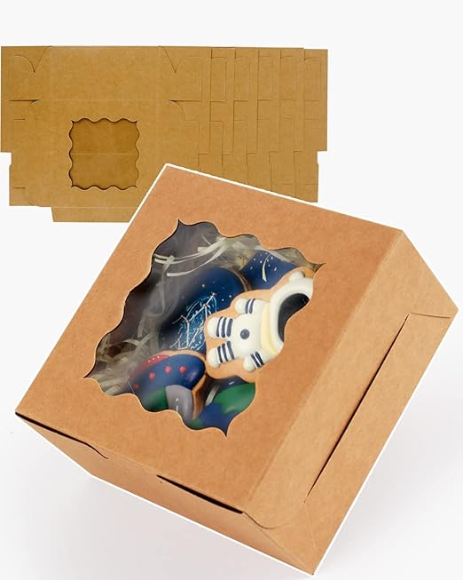 qiqee Kraft Cookie Boxes with Window 60packs 6x6x3 Brown Bakery Box Kraft Paper Boxes for Cookie, Pastry, Cupcake, Pie, Donut