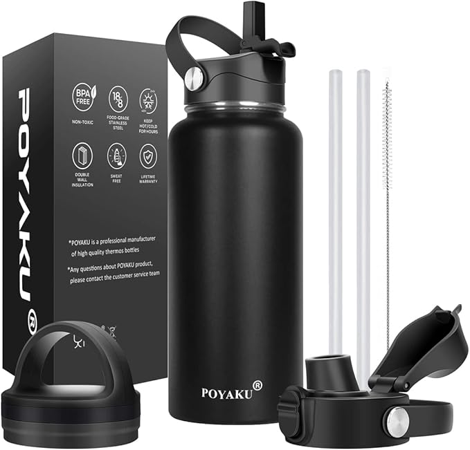 Water Bottle Insulated 32oz 40oz 64oz 128oz Straw Lid Spout Lid & 3 Lids, Leak Proof, Vacuum Insulated,Stainless Steel Water Bottle Wide Mouth for Sports, Gym or Office