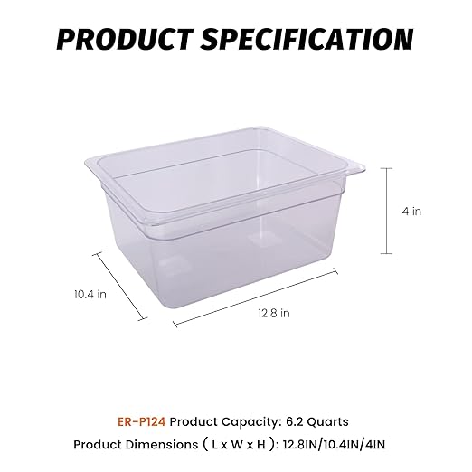 6-Pack Food Pan Half Size Clear Polycarbonate Food Pans 4" Deep Commercial Hotel Pans for Party, Restaurant, Hotel