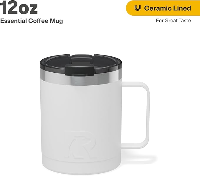RTIC 12oz Essential Coffee Mug with Lid and Handle, Insulated, Ceramic Lined, Stainless Steel, Metal, Double Wall Vacuum-Insulation, Portable, Travel Cup for Hot and Cold Drink, White