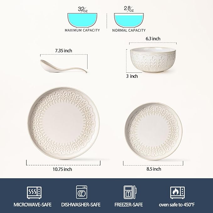 Artena Plates And Bowls Sets, 16 Pieces Dinnerware Sets, Dish Set For 4, Ceramic Kitchen Bowl And Plate Set, Embossed White Dishware Sets, Dishwasher & Microwave Safe (Wheat Leaf)