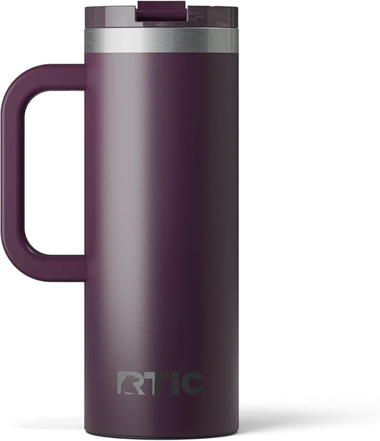 RTIC 20oz Road Trip Travel Mug with Lid and Handle, Ceramic Lined, Insulated, Stainless Steel, Metal, Double Wall Vacuum-Insulation, Portable Coffee, Tea Cup for Hot and Cold Drink, Plum