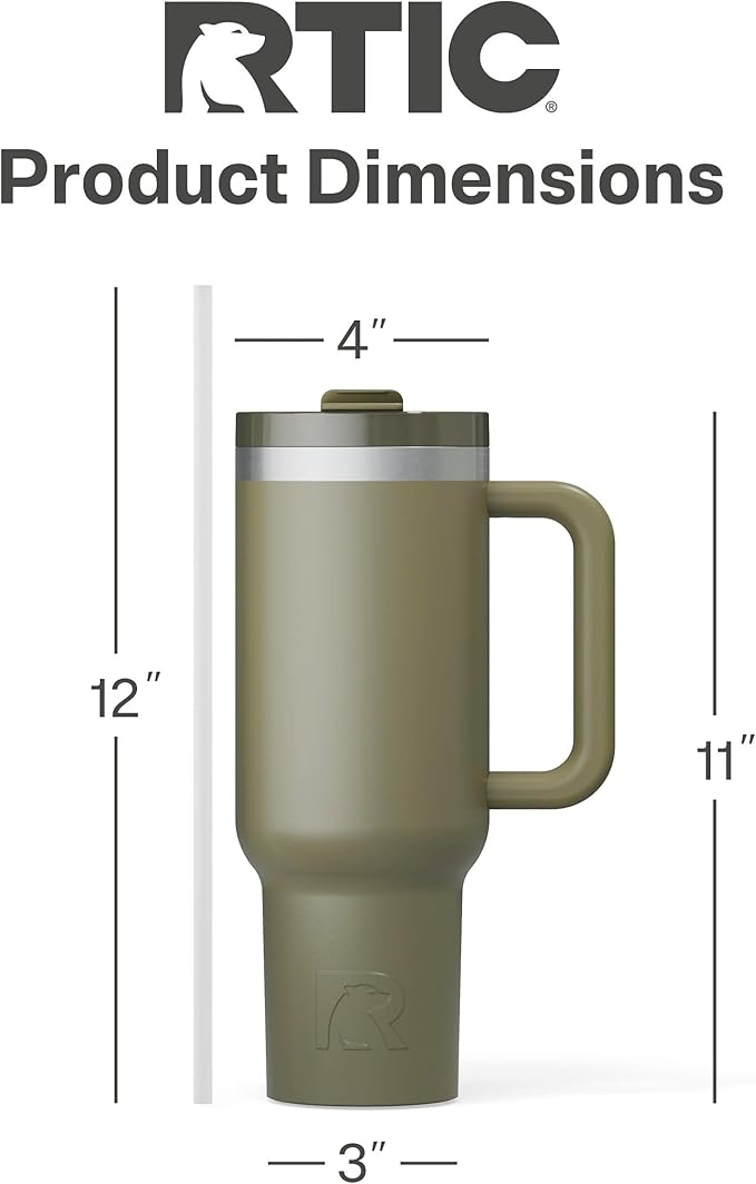 RTIC 40 oz Road Trip Tumbler Double-Walled Cermaic Lined Insulated Stainless Steel Portable Travel Coffee Mug Cup with Lid, Handle and Straw, Olive