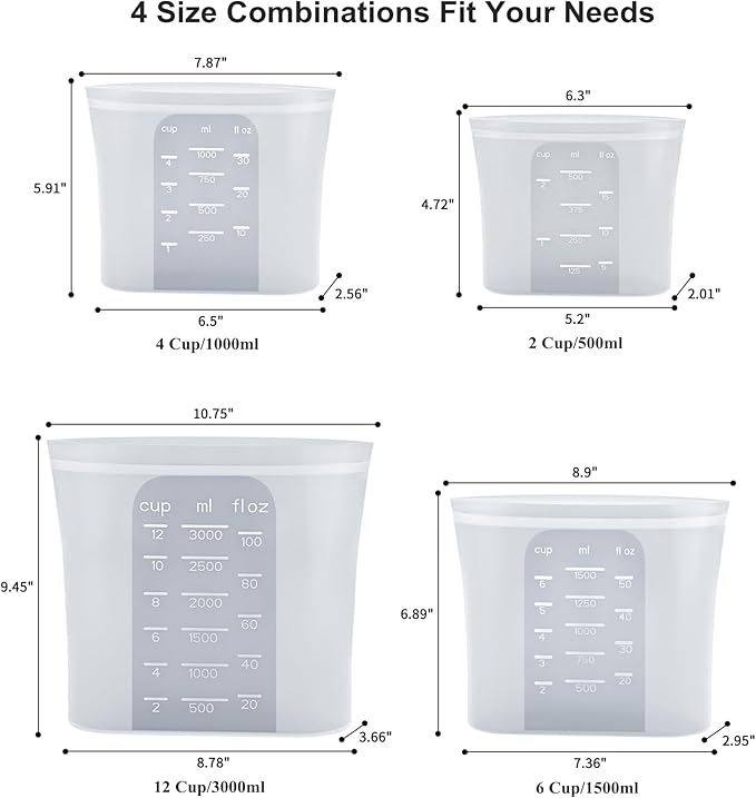 Bangp Premium Silicone Reusable Food Storage Bags,4 Pack(100oz, 50oz, 30oz,15oz),New Generation Stand Up Zip Freezer Bags,Sandwich Snack Bags,Multi-Use Food Storage Containers,Leak-free,Microwave Safe