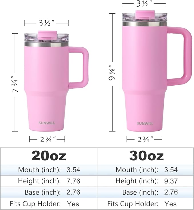 SUNWILL Coffee Tumbler with Handle, 30 oz Travel Mug with Lid and Straw Insulated, Stainless Steel Cup Leak Proof for Travel & Outdoor, Cupholder Friendly, Powder Coated Pink