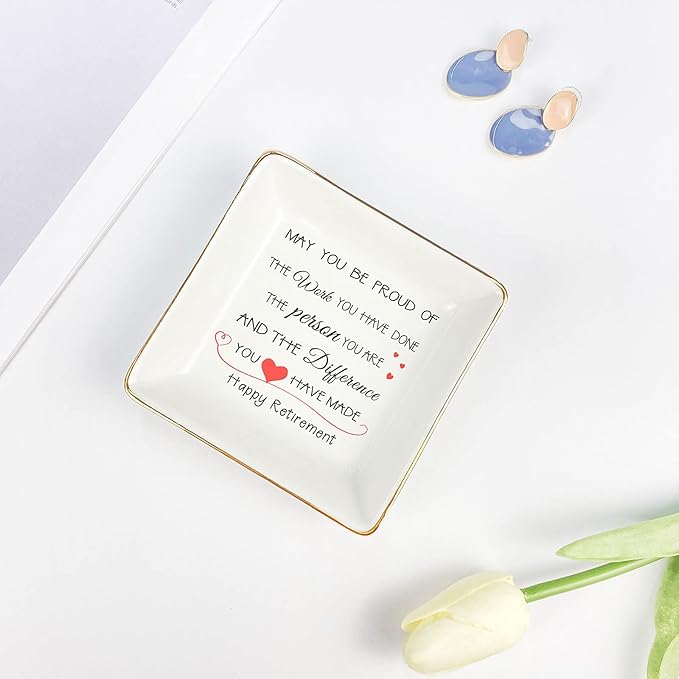 Valentines Retirement Gifts for Women 2024 Retirement Party Decorations Mothers Day Nurse Gifts Trinket Dish Bulk Gifts for Coworkers Ceramic Tray Ring Tray Female Happy Retirement