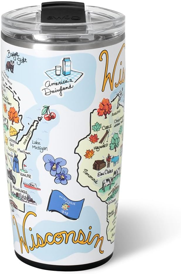 Swig Life 22oz Travel Mug, Insulated Tumbler with Handle and Lid, Travel Coffee Mug, Cup Holder Friendly, Stainless Steel 22 oz Tumbler, Reusable Insulated with Lid (Wisconsin)