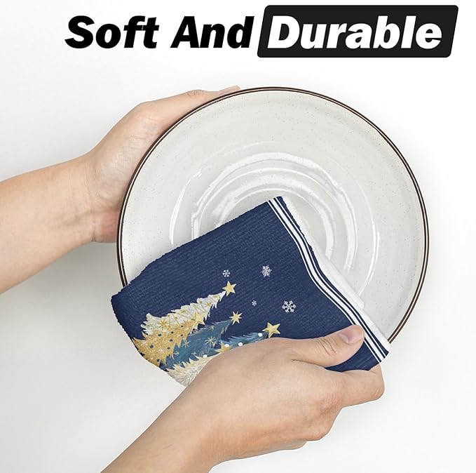 Artoid Mode Blue Star Xmas Tree Merry Christmas Kitchen Dish Cloths, 12x12 Inch Quick Dry Microfiber Dishcloths for Kitchen Dish Rags Set of 2