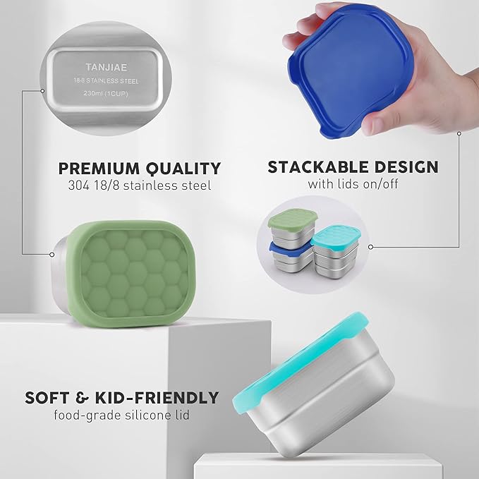 Small (1 CUP) Stainless Steel Snack Containers for Kids | Easy Open Leak Proof Food Containers with Silicone Lids - Perfect Metal Toddler Lunch Box for Daycare and School (8oz)