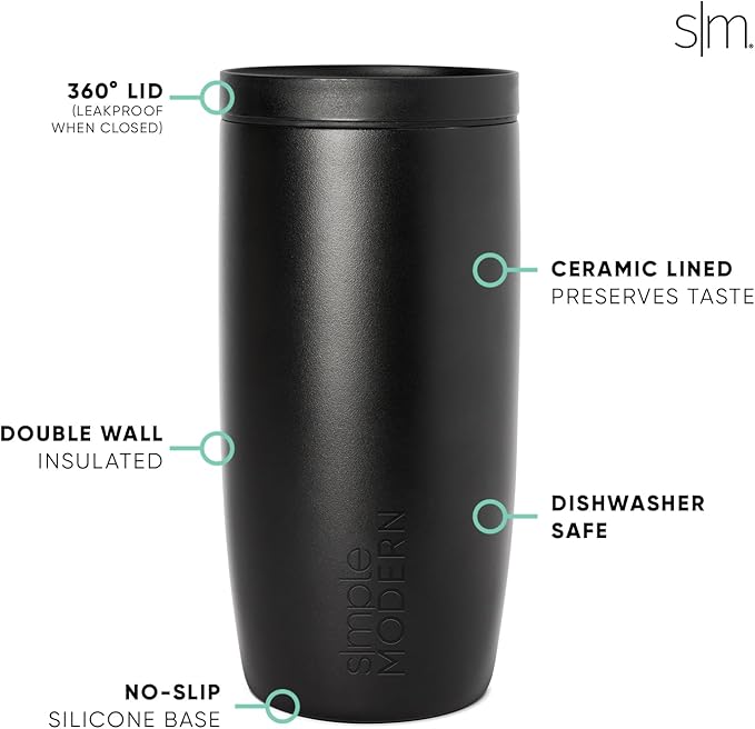 Simple Modern Travel Coffee Mug Tumbler with 360° Lid | Ceramic-Lined Insulated Stainless Steel Cold Brew Iced Coffee Cup | Gifts for Women Men Her Him | Voyager Signature | 16oz | Midnight Black