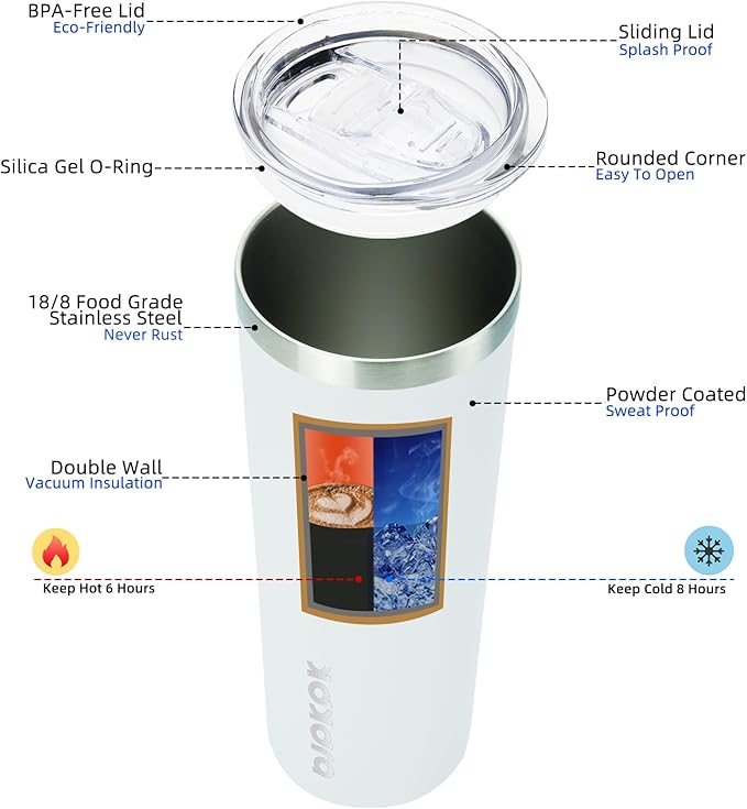 BJPKPK Skinny Tumbler with Lid 20 oz Stainless Steel Vacuum Insulated Double Wall Travel Coffee Water Tumblers Cup,White