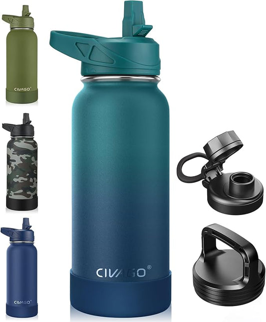 CIVAGO 32 oz Insulated Water Bottle With Straw, Stainless Steel Sports Water Cup Flask with 3 Lids (Straw, Spout and Handle Lid), Wide Mouth Travel Thermal Mug, Dark Night