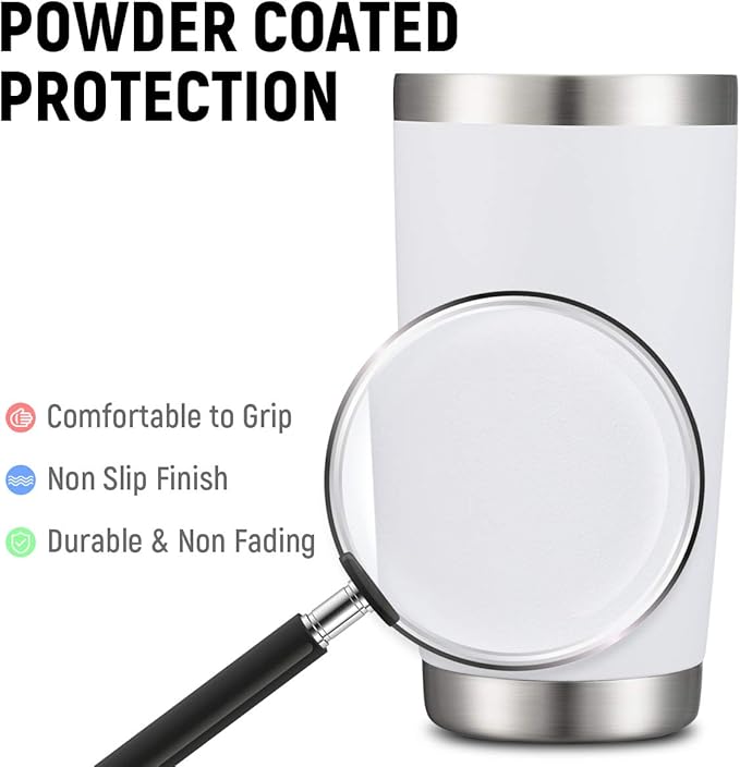 COMOOO 20oz Double Wall Vacuum Insulated Travel Mug, Stainless Steel Tumbler with Lid and Straw Durable Powder Coated Insulated Coffee Cup for Cold & Hot Drinks (White. 2 pack