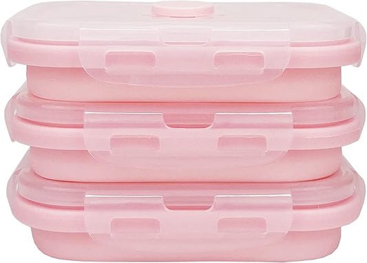 CCyanzi 3piece Collapsible Food Storage Containers with Lids, Silicone Lunch Container, Microwave & Freezer Safe, Space Saving for Kitchen Cabinet and Camping Backpack,(pink)
