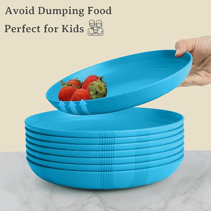 Wrova Wheat Straw Plates 10 Inch - Unbreakable Dinner Plate Set of 8 - Dishwasher & Microwave Safe Plastic Plates Reusable - Lightweight Deep Plate for Kitchen,Outdoor,Dorm (Blue)