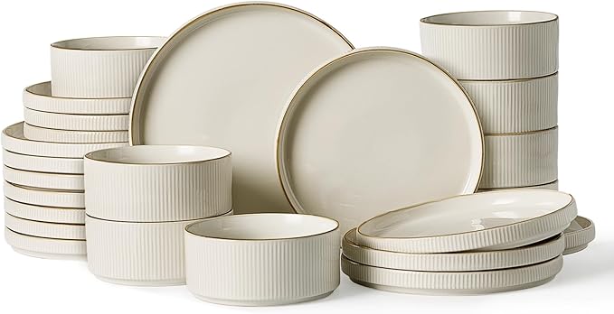 Famiware Star Dinnerware Set, Plates and Bowls Sets for 8 (24pcs), Ribbed Stoneware Dishes - Chip & Scratch Resistant, Microwave & Dishwasher Safe Tableware, White