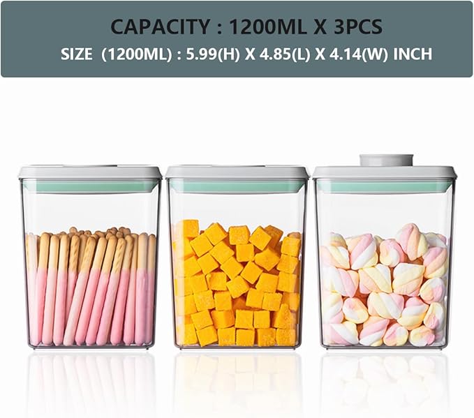 3-Piece Airtight Food Storage Containers Set - 1200ml Leakproof Kitchen Jars with One-Touch Button Lids, Stackable Design for Pantry Organization (Pasta, Cereal, Snacks)