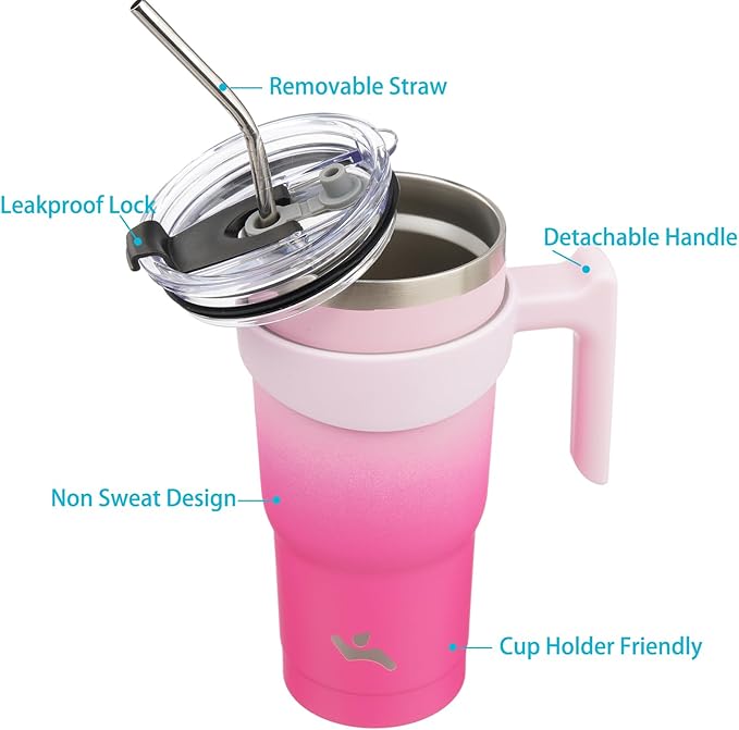 20 oz Tumbler with Handle and 2 Straw 2 Lid, Insulated Water Bottle Stainless Steel Vacuum Cup Reusable Travel Mug, Cherry