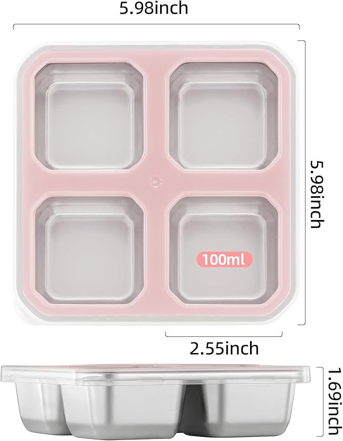BEFOY 4 Pack Stainless Steel Snack Containers with Lids 4 Compartment Food Storage Containers for Adults Meal Prep Reusable for work or going out.(pink, 4)