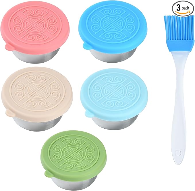 Stainless steel sauce bottle with brush - leak-proof 5x1.6oz Outdoor barbecue oil brush bottle with silicone lid and brush Portable dipping sauce container Children's snack portioning box