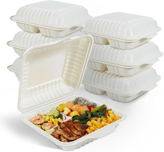 50-Pack 8x8 Inch Clamshell Take Out Food Containers|Lunch Containers with Compartments |Microwavable, Freezer Safe, Soak-Resistant, Durable, Stackable for Pasta Salad Sandwich(White)