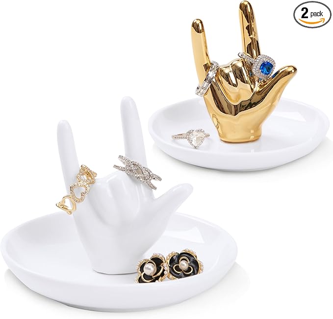 Set of 2 Hand Ring Holder, I Love You Hand Shape Jewelry Dish for Wedding Engagement, Trinket Tray Gifts for Women Her Birthday Christmas Valentines