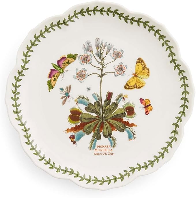 Portmeirion Botanic Garden Lotus 9" Salad Plate, Venus Fly Trap Illustration - Floral Scalloped Shaped Porcelain Dish for Appetizers or Desserts, Dishwasher & Oven Safe