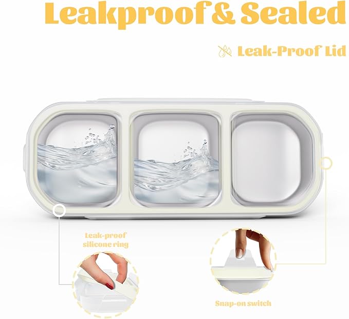 Stainless Steel Snack Containers for Kids Adults, 4 Pack 3 Compartment Metal Snack Containers Box with Lid, Reusable Food Storage Container, Leak Proof, Grab and Go