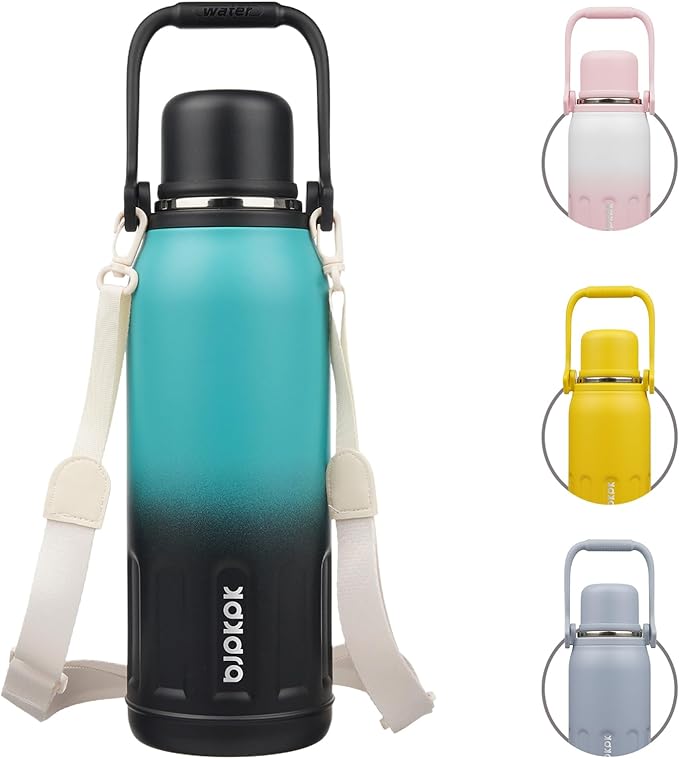 BJPKPK Insulated Thermal Water Bottle with Handle and Lid 50oz BPA Free Stainless Steel Water Bottles For Cold and Hot Beverages,TealBlack