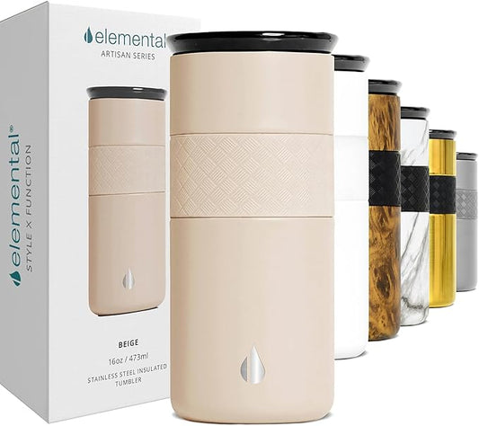 Elemental Artisan Insulated Tumbler, Triple Wall Coffee Travel Mug, Reusable Stainless Steel Coffee Tumbler with Ceramic Lid, Thermal Coffee Cups for Hot (6 Hrs) & Cold (18 Hrs), 16oz - Beige