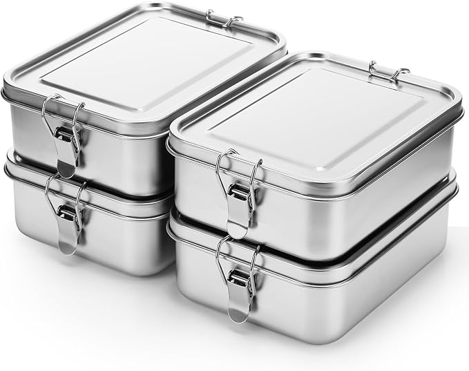 Umigy 4 Pcs Stainless Steel Food Containers 1200ml Metal Bento Lunch Box Stainless Steel Food Storage Containers, Lockable Clips to Leak Proof, Reusable Dishwasher Snack Boxes for Work