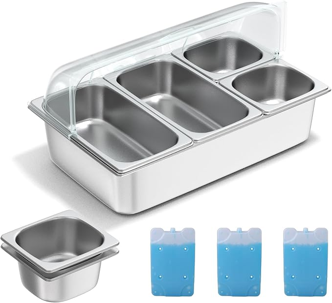 Stainless Steel Countertop Food Serving Display Container with Clear Roll Top Cover - Ice Food Serving Tray for Buffet, Restaurant, Kitchen, or Party(6 Pans 2 Sizes)