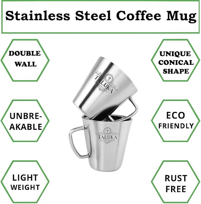Taluka Stainless Steel Coffee Mug Double Wall Insulated Tea Cup With Handle For Camping Travel Pack Of 2