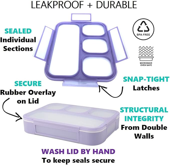 Bento-Box with Lunch Bag and Ice Pack Set. Containers for Kids Girls Adults Snacks and Lunches. 4 Compartments, Leak-proof Portion Container Boxes Insulated Bags for School, Purple