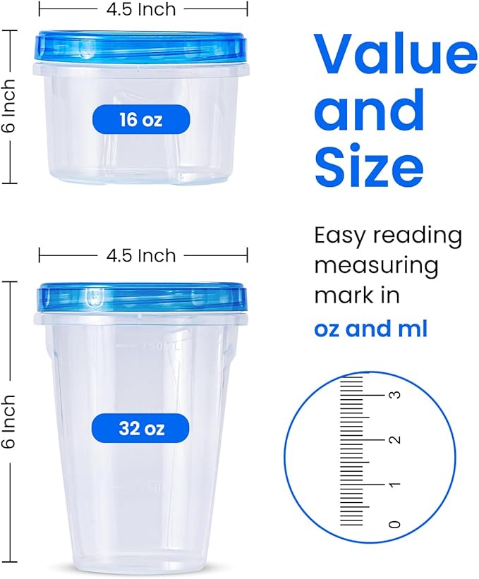 RFAQK 48 pcs Freezer Storage Containers with Lids-(32 & 16OZ) 24 Food Storage Containers with 24 Twist Top-Deli Container for Soup-Reusable Plastic Box for Lunch, Gym, Travel