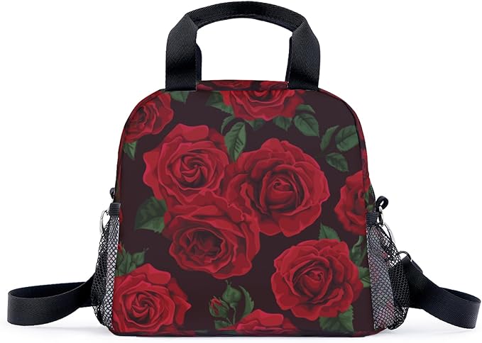 Red Rose Black Background Lunch Bag for Women Men Cute Large Capacity Thermal Lunch Tote Reusable Washable with Adjustable Shoulder Strap and Dual Large Mesh Side Pockets