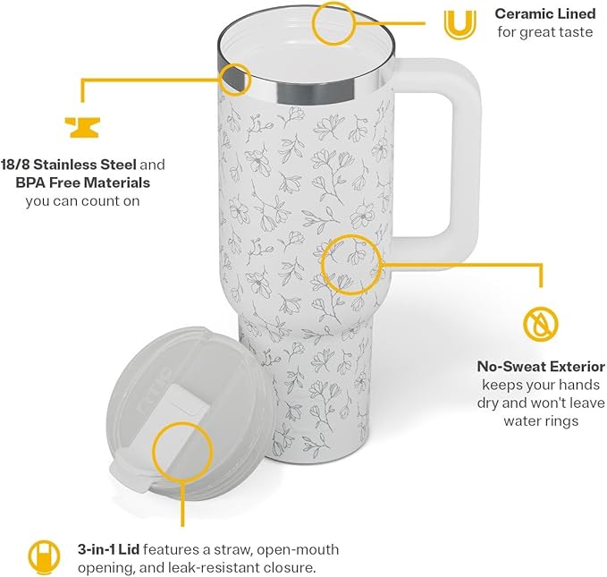 RTIC 40 oz Road Trip Tumbler Double-Walled Cermaic Lined Insulated Stainless Steel Portable Travel Coffee Mug Cup with Lid, Handle and Straw, White Magnolias