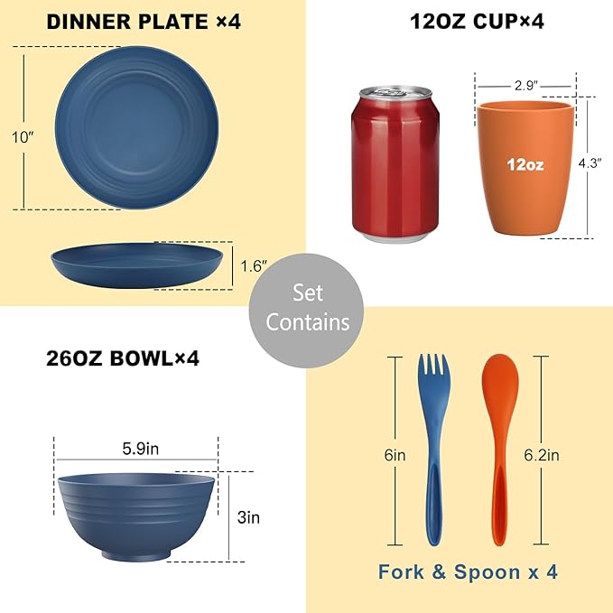 Premium Wheat Straw Dinnerware Sets for 4,Dishwasher & Microwave Safe Plates and Bowls Sets 20-Piece, Unbreakable and Lightweight Bowls for RV,Camping and Picnic,Kitchen Essentials - Multi color