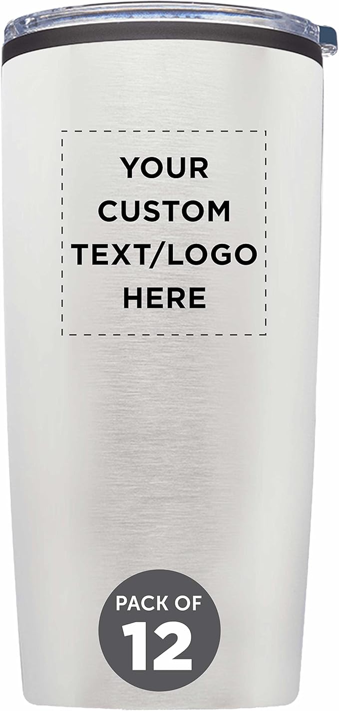Custom Plastic Tumblers 20 oz. Set of 12, Personalized Bulk Pack - With lids, Ice Coffee Tumbler, To Go Cup, Insulated - Silver