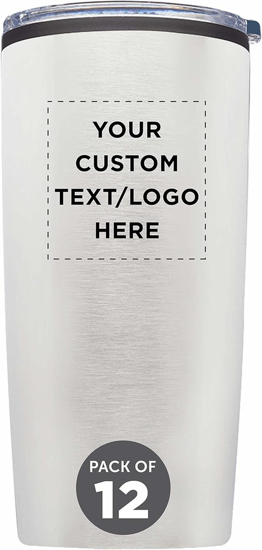 Custom Plastic Tumblers 20 oz. Set of 12, Personalized Bulk Pack - With lids, Ice Coffee Tumbler, To Go Cup, Insulated - Silver
