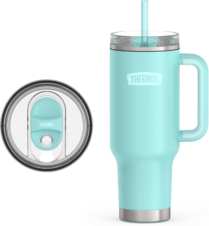 THERMOS Stainless Steel Cup Holder Mug - 40 Ounce, Sea Green - Insulated Tumbler with Lid and Straw, Plus Leak-Resistant Slide Lock