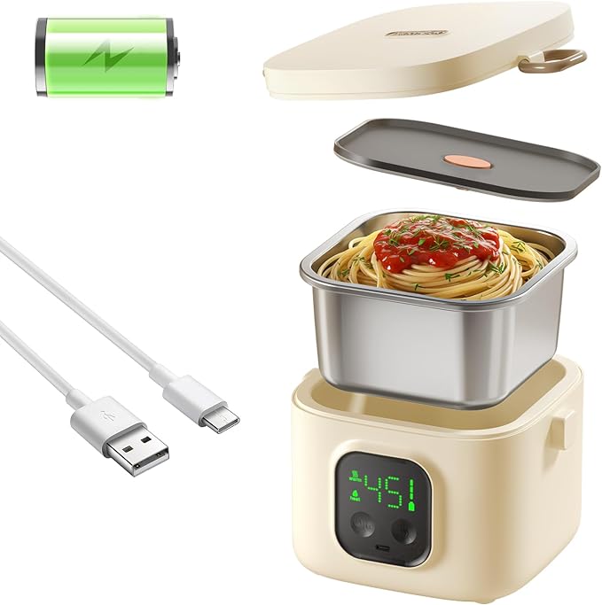 Wireless Portable Adult Electric Lunch Warmer Powered By 14000mAh Battery Self-Heating Food Warmer Type-C Rechargeable Port 0.8L Portable Self-Heating Food Warmer Ideal for Office Camping Outdoor