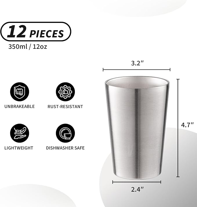 12 Pack 12 oz Stainless Steel Insulated Cup, Double Wall Vacuum Small Metal Cup, Reusable Camping Cups Unbreakable Indoor Outdoor for Party, Home, Office, BBQ, Silver