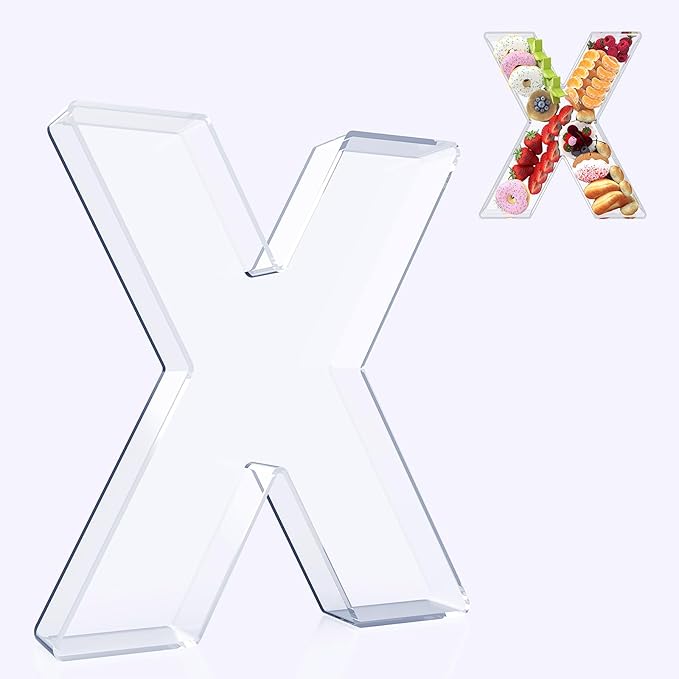 11" Acrylic Letter Charcuterie Box, Reusable Fillable Alphabet Number Shaped Form Tray for Birthday Anniversaries, Party Decorative Serving Plates Display Candy Cake (X)