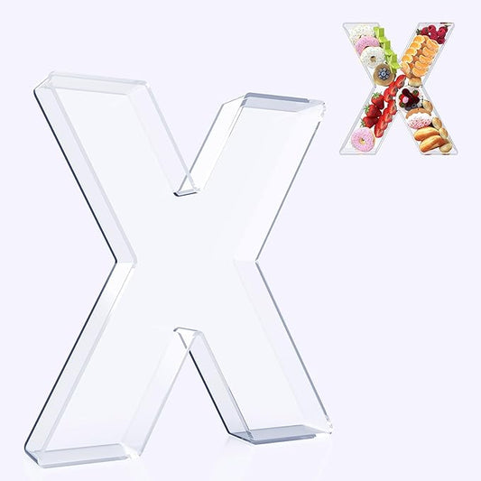 11" Acrylic Letter Charcuterie Box, Reusable Fillable Alphabet Number Shaped Form Tray for Birthday Anniversaries, Party Decorative Serving Plates Display Candy Cake (X)